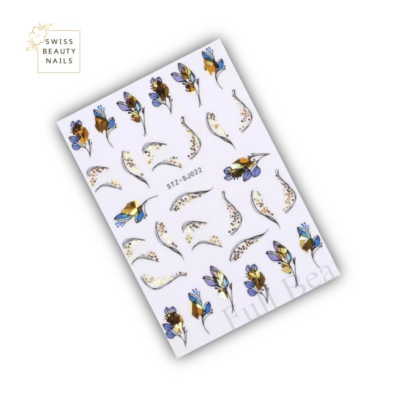 Nailart Sticker | gold Blume blau 022