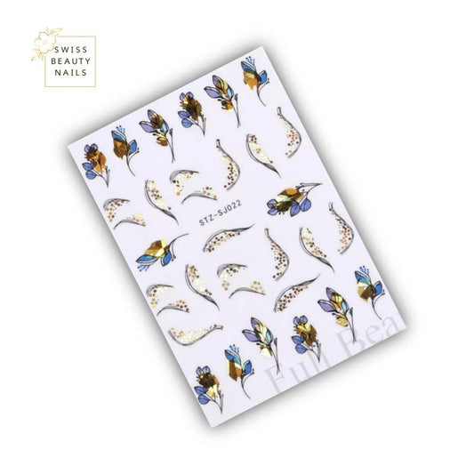 Nailart Sticker | gold Blume blau 022